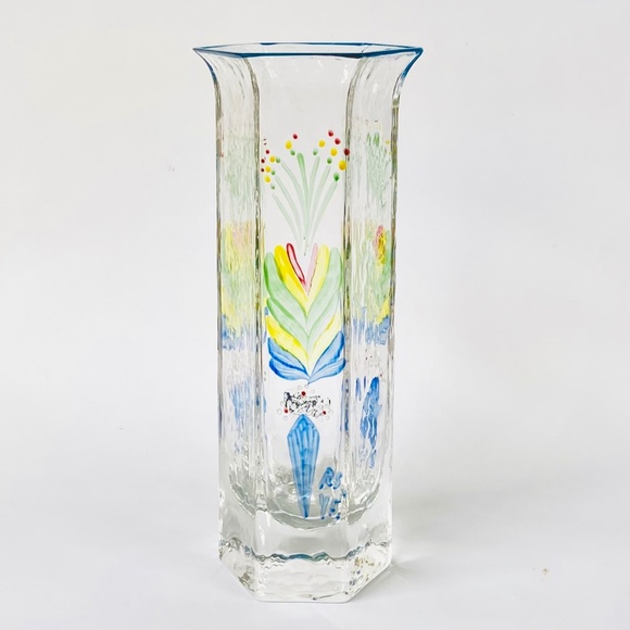 SEA Glasbruk Old Sweden Rune Strand 8" Hexagonal Glass Vase Painted Kurbits *VTG - Picture 1 of 9